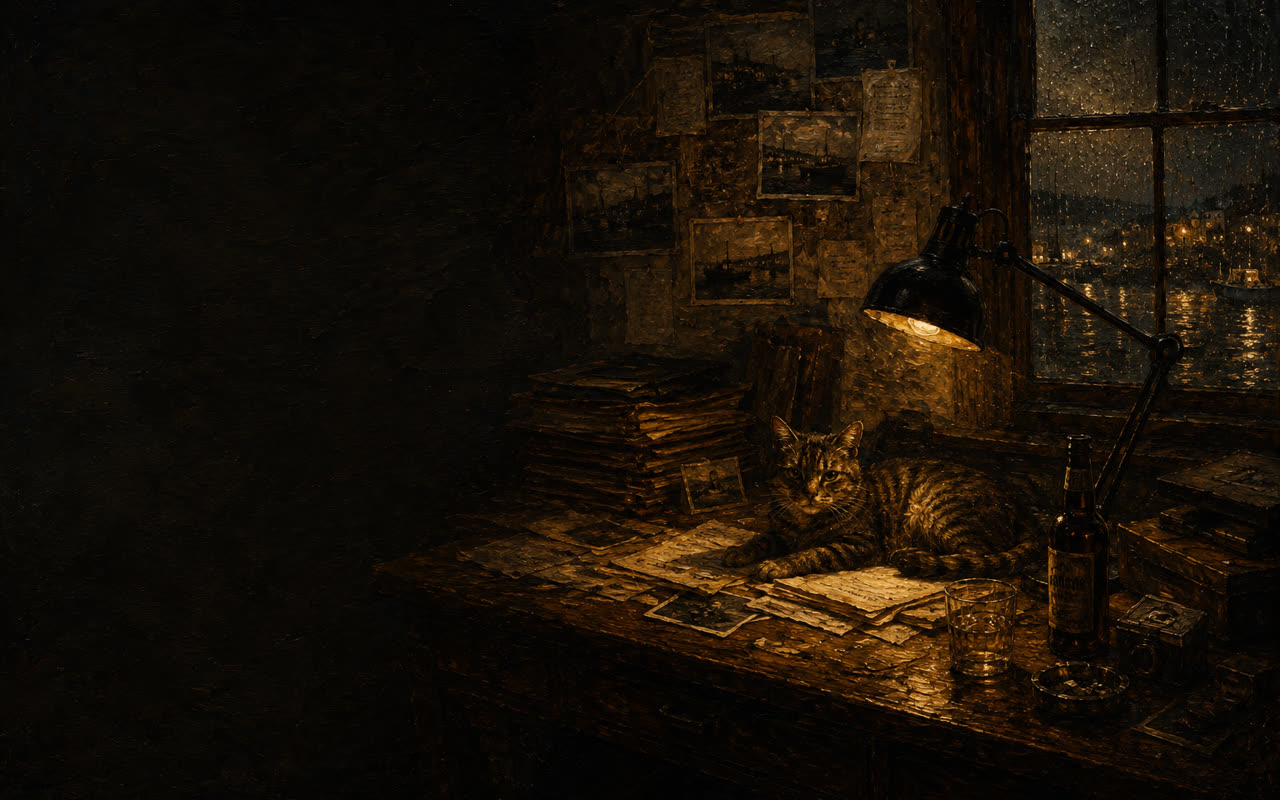 A cluttered desk under a lamp, a tabby cat watching from the papers