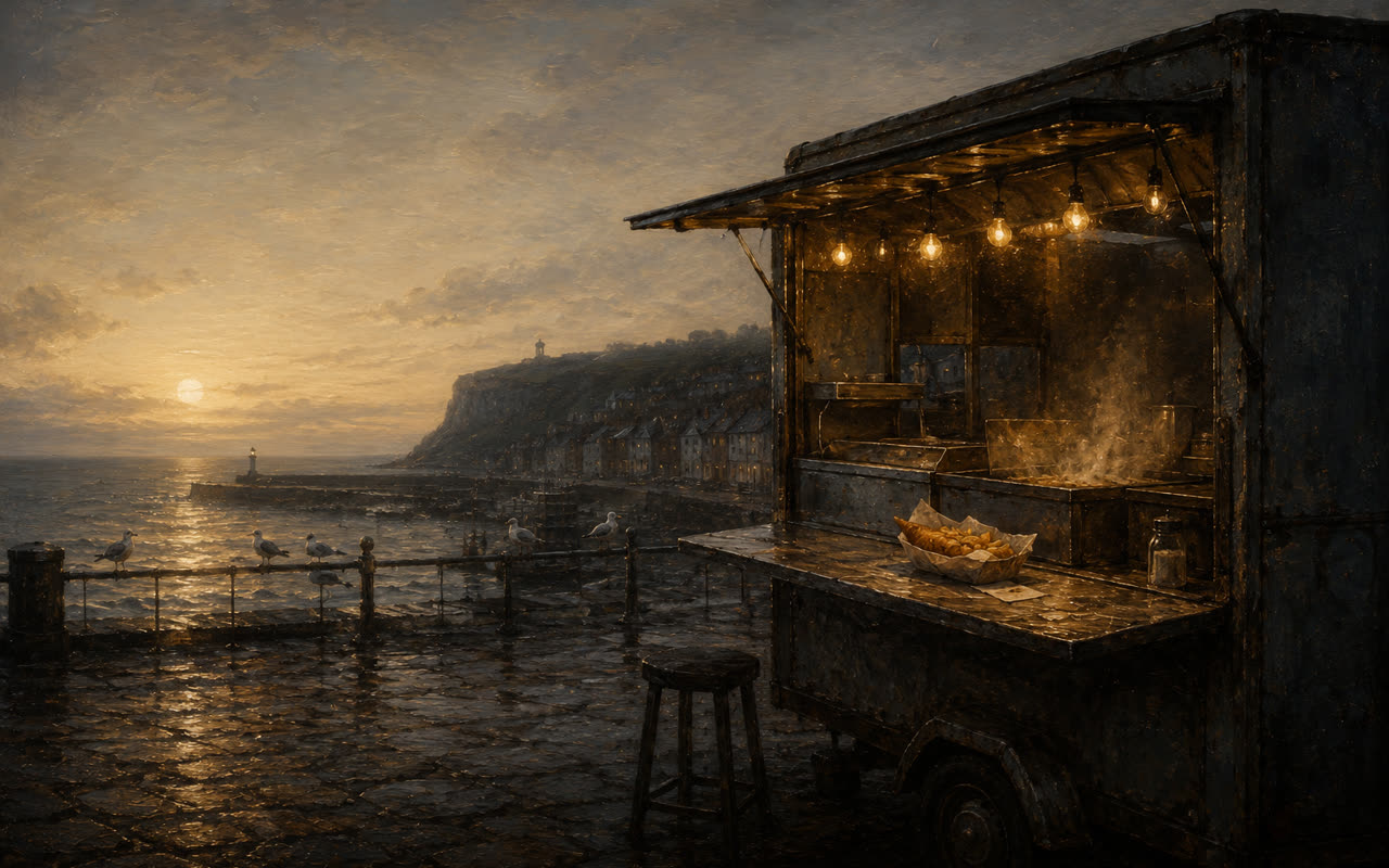A chip van at dawn on the harbour front, one wrapped order on the counter